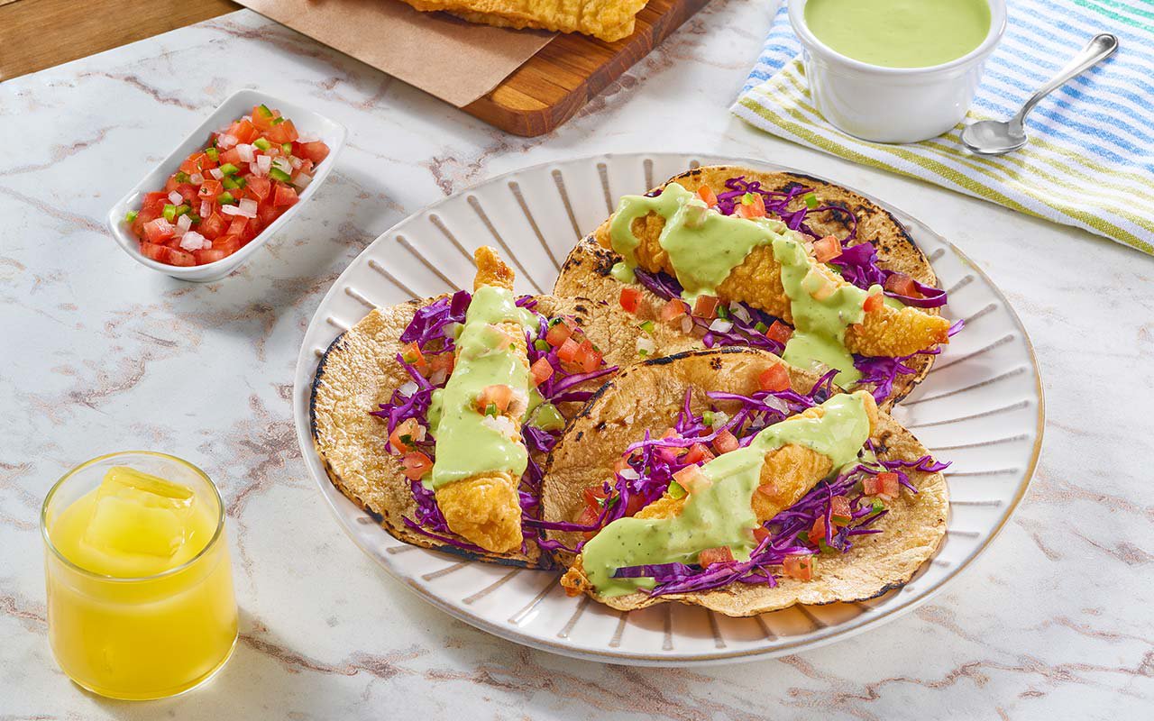 Baja style tacos with guacamole sauce